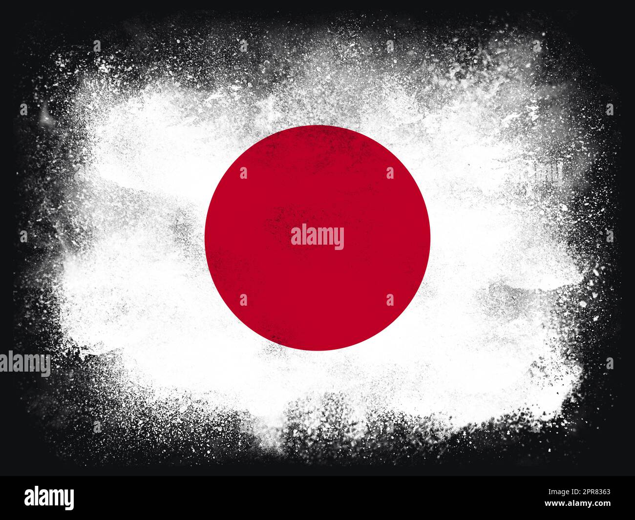 Japan Flag design composition of exploding powder and paint, isolated on a black background for copy space. Colorful abstract dust particles explosion. World cup 2022 football symbol for printing Stock Photo