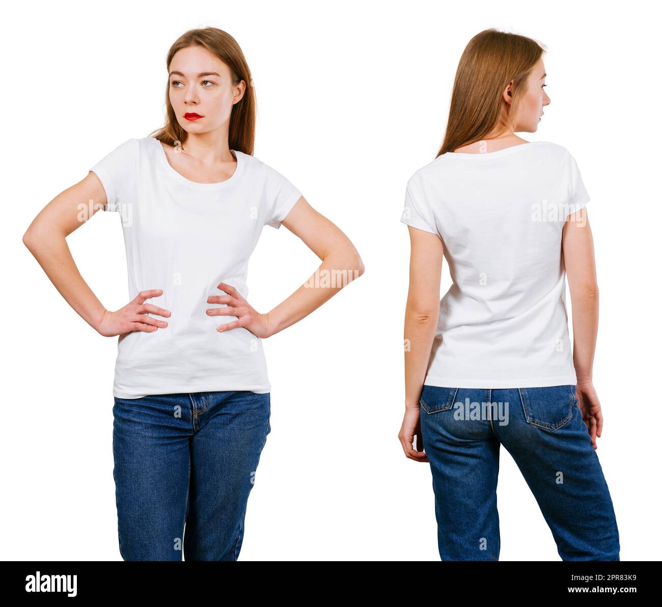 Sexy lady posing with blank white shirt and jeans Stock Photo