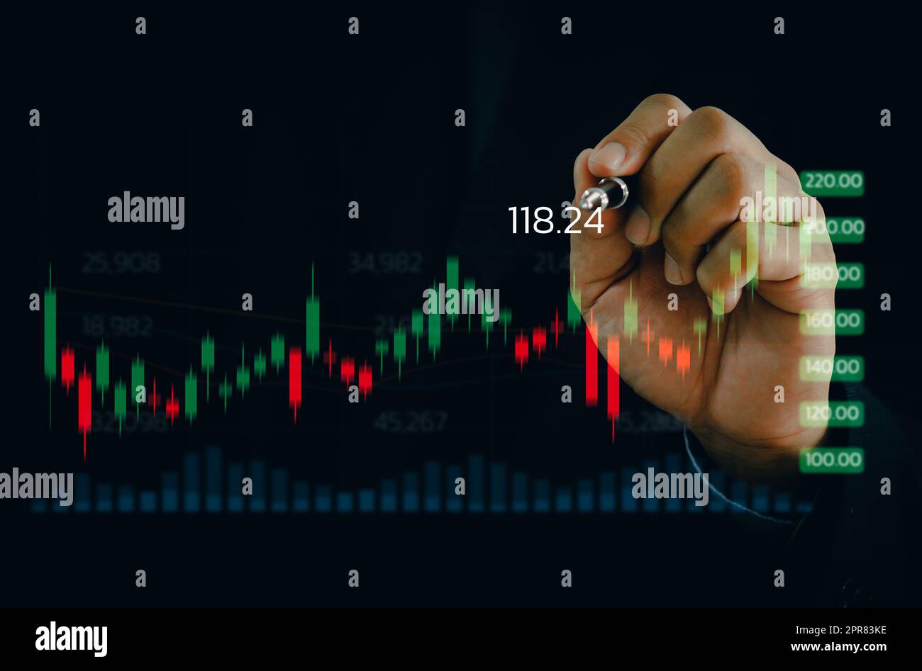 Businessman holding a chart a foreign exchange trader investing in technology business chart and a currency data concept. Stock Photo