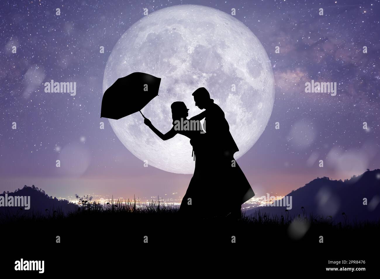 Silhouette at night landscape of couple or lover dancing and singing on ...