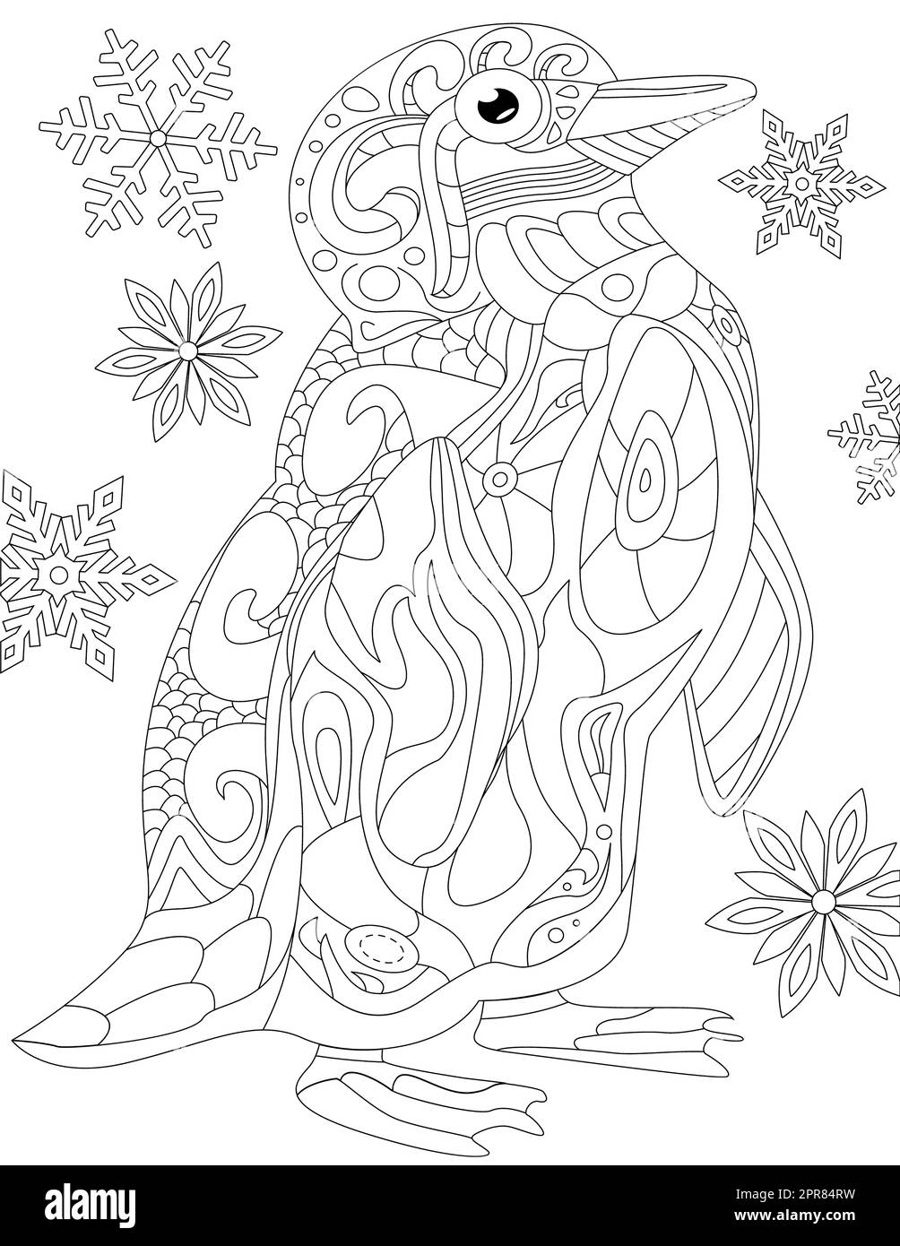 Coloring Page With Walking Mother And Kid Penguin With Snowflakes In Back. Stock Photo