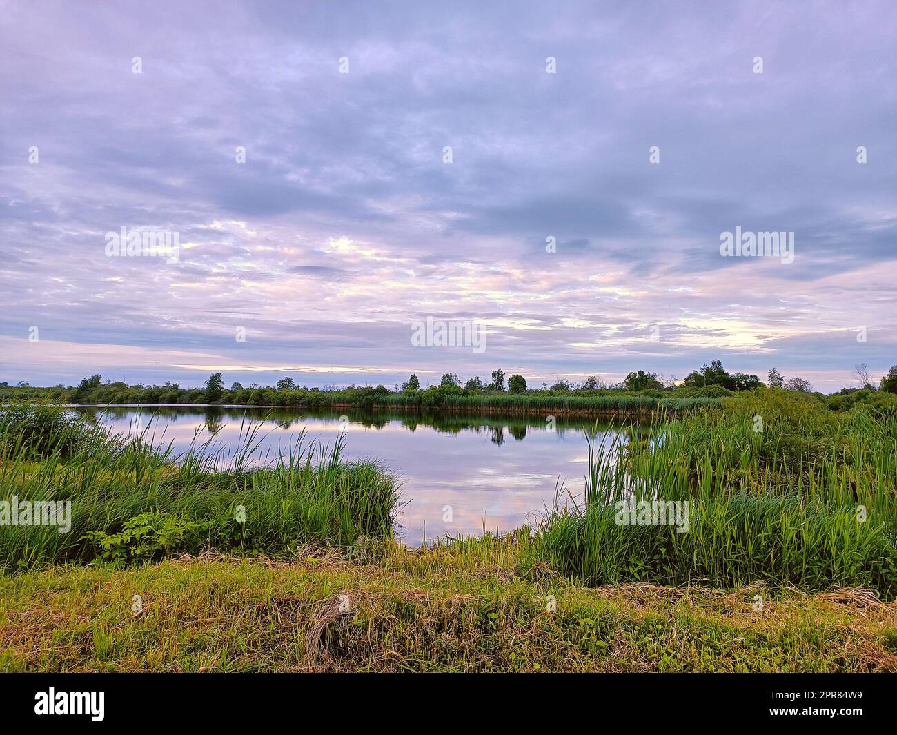 Calm water on lake. Storm Rainy weather. Summer overcast sky. Dramatic landscape, cloudy day. Stock Photo