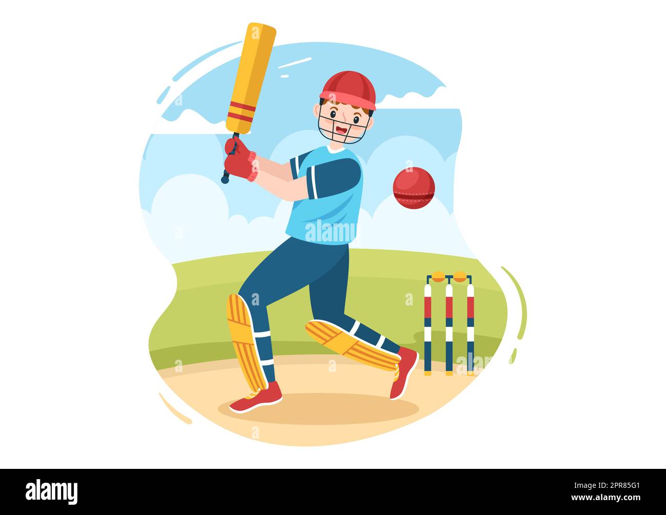 Batsman Playing Cricket Sports with Ball and Stick in Flat Cartoon