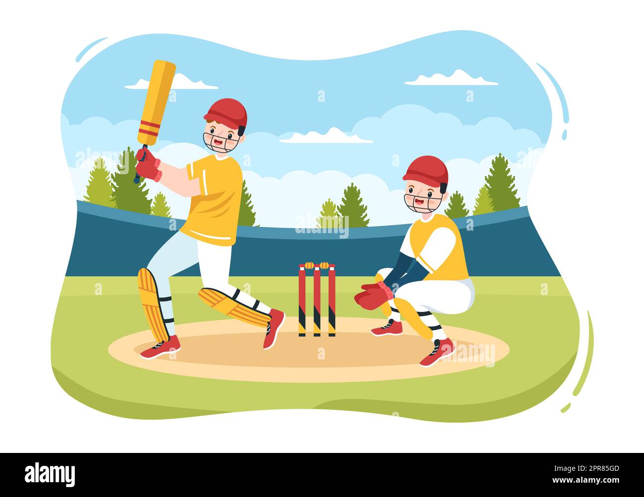 Batsman Playing Cricket Sports with Ball and Stick in Flat Cartoon