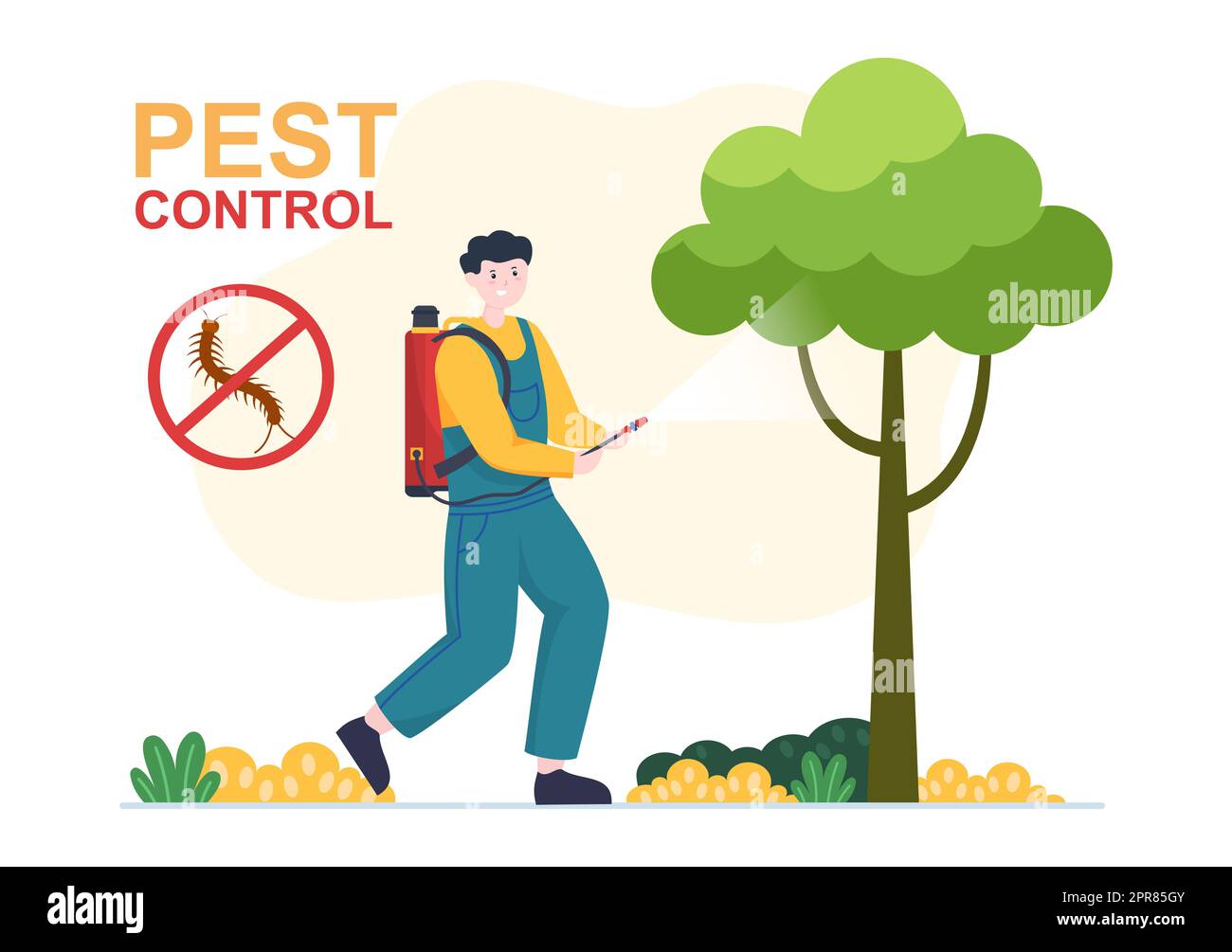 Pest Control Service with Exterminator of Insects, Sprays and House Hygiene Disinfection in Flat Cartoon Background Illustration Stock Photo