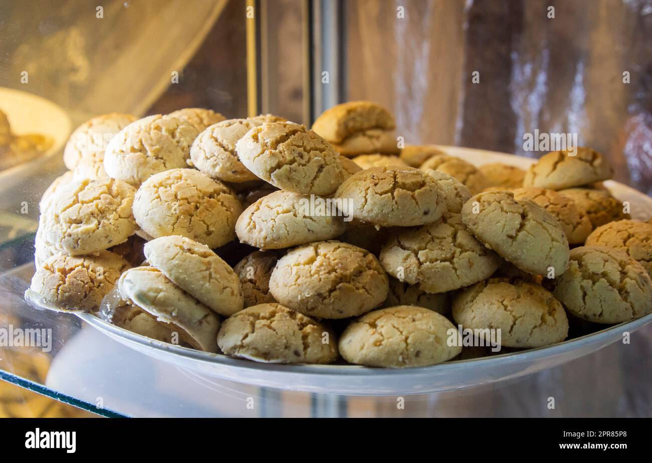 A plate of Morocco popular cookies from Marrakesh local market. Stock Photo