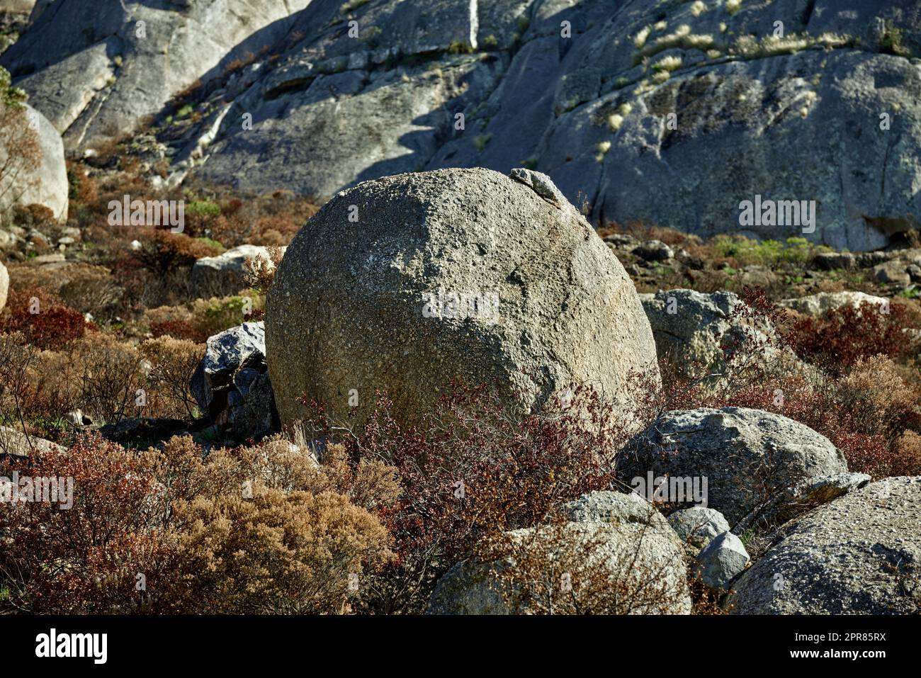 Closeup of boulders and rocks on a mountain in Cape Town, South Africa. Hiking and trekking along rocky, rough path and terrain. Travel and tourism abroad, overseas for summer holiday and vacation Stock Photo