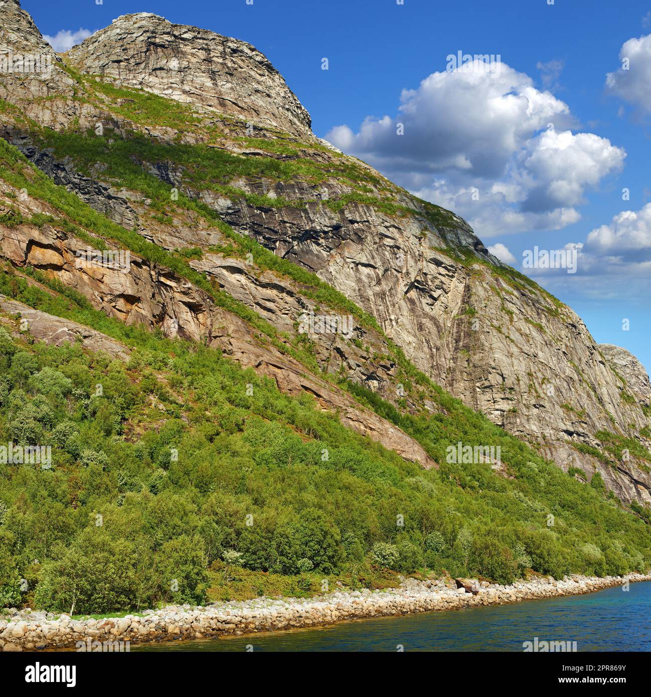 The picturesque coast of the mountain lake of Norway,.close to the city of Bodo. Hiking trail to the beautiful mountain in Nordland with a cloudy blue sky. Lush hill with pasture near water outdoors Stock Photo