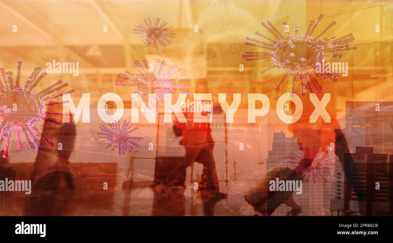 Monkeypox outbreak and travel concept. Monkeypox is caused by monkey pox virus. Tourists with baggage walking in the airport. Travel during virus outbreak.  Monkeys may harbor virus and infect people. Stock Photo