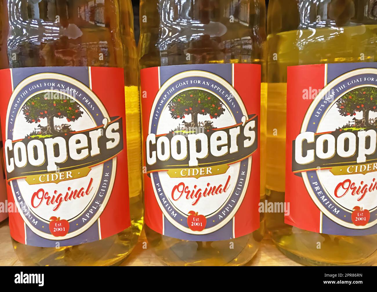 Viersen, Germany March 9. 2023 Closeup of bottles coopers apple