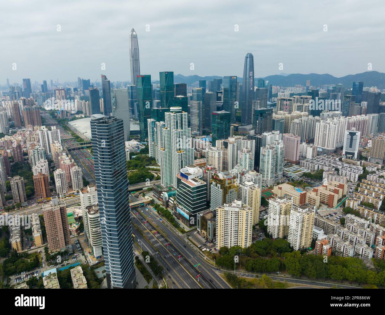 Shenzhen, China, 21 January 2022: Top view of Shenzhen city, Futian District Stock Photo