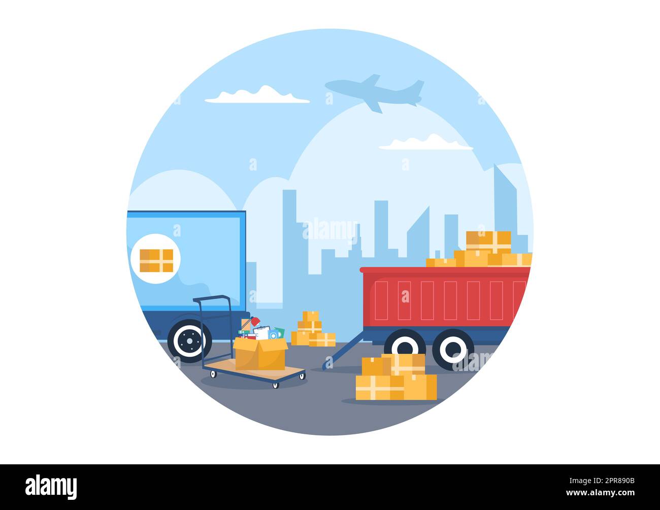 Trucking Transportation Cartoon Illustration with Cargo Delivery Services or Cardboard Box Sent to the Consumer in Flat Style Design Stock Photo
