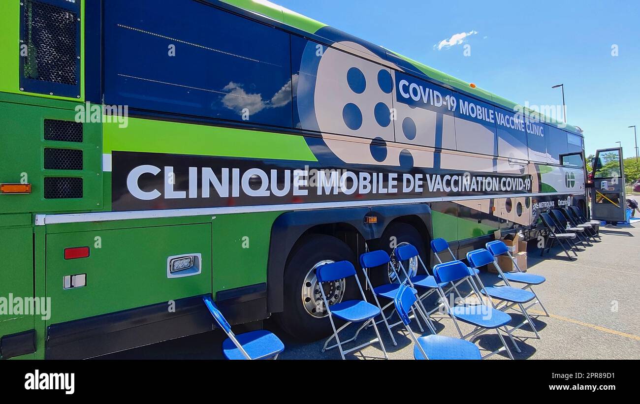 Toronto, Canada - June 03, 2022: A covid-19 mobile vaccine clinic bus offering free Coved-19 vaccines in Toronto Stock Photo