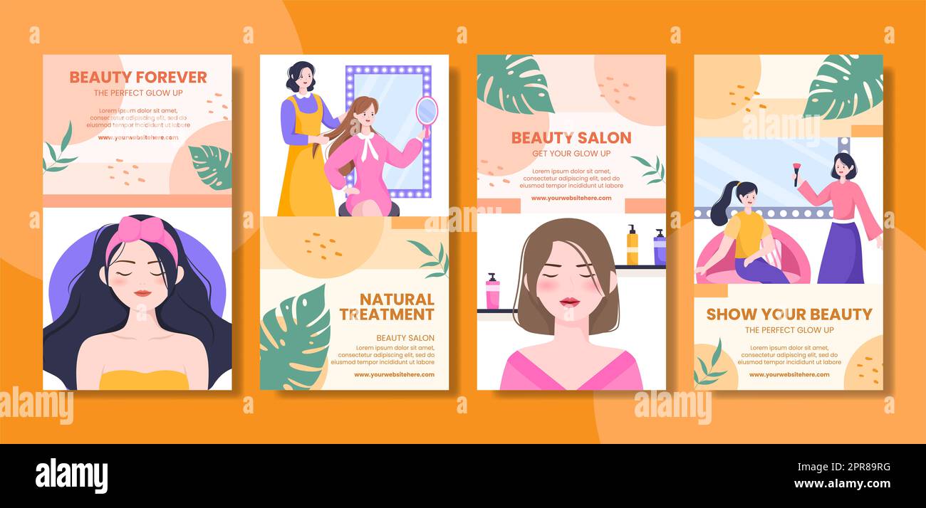 Beauty Salon Social Media Stories Template Flat Cartoon Background Vector Illustration Stock Photo