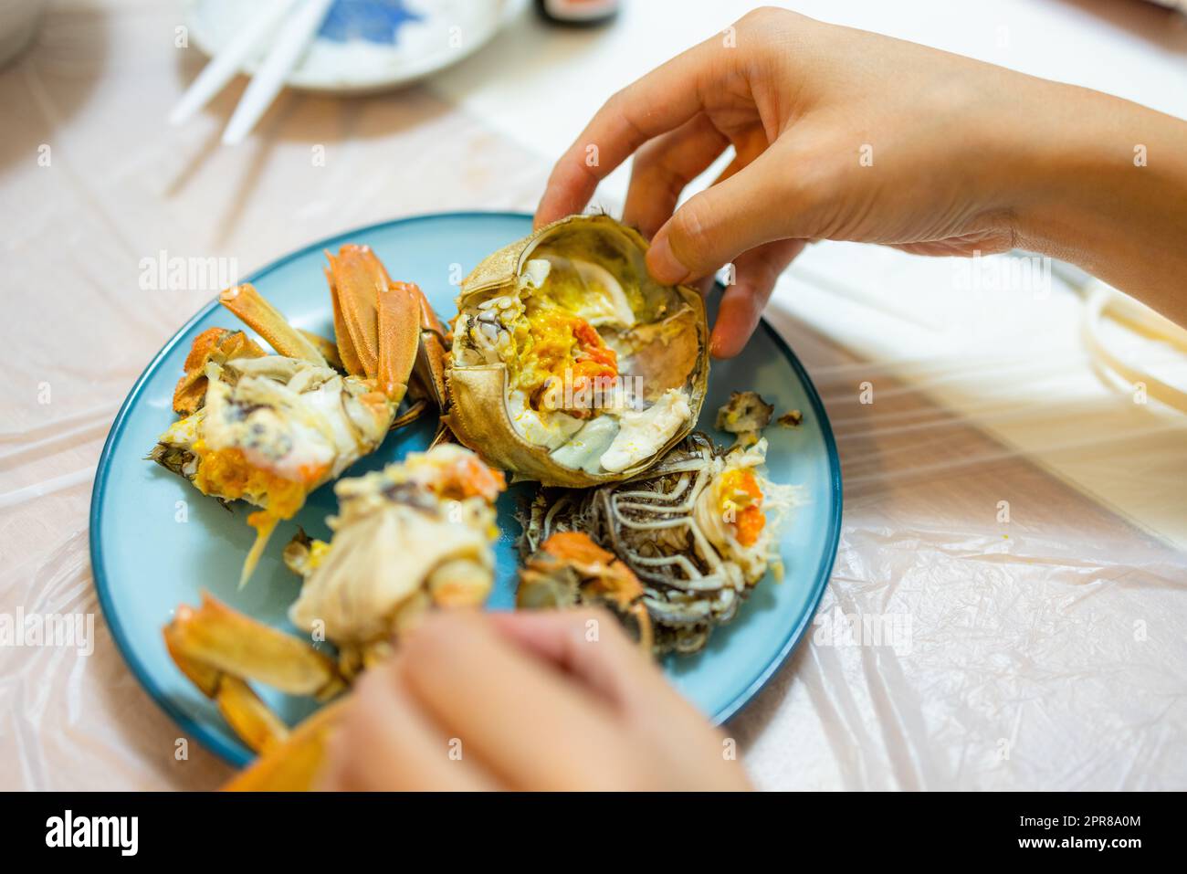 Eat chinese hairy crab at home Stock Photo