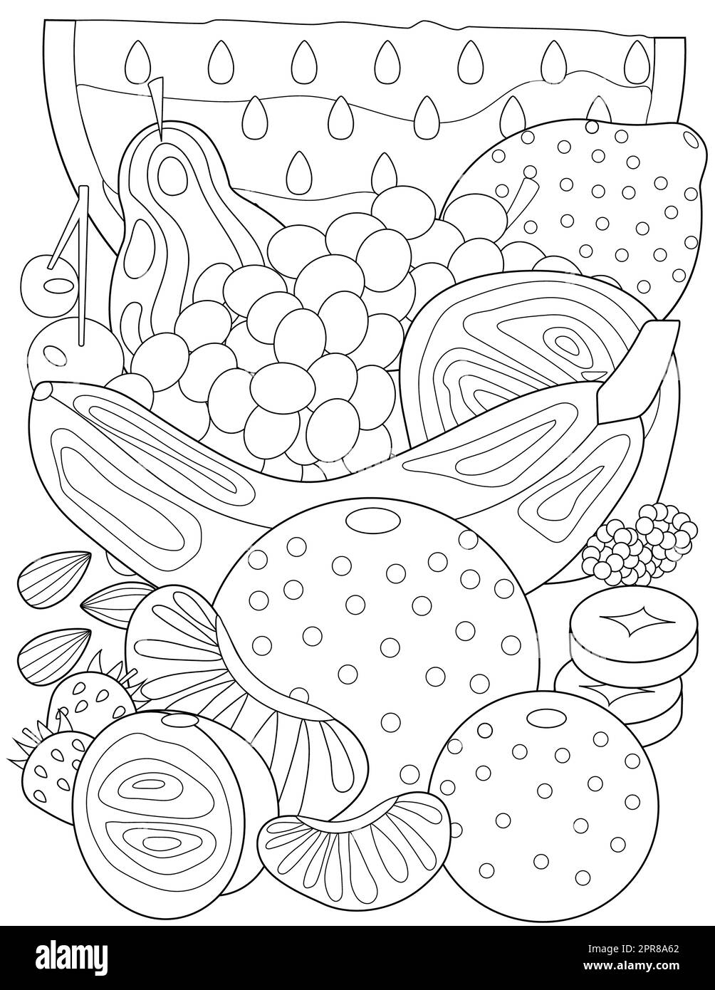 Coloring Book Page With Variuos Detailed Fruits And Cookies. Stock Photo