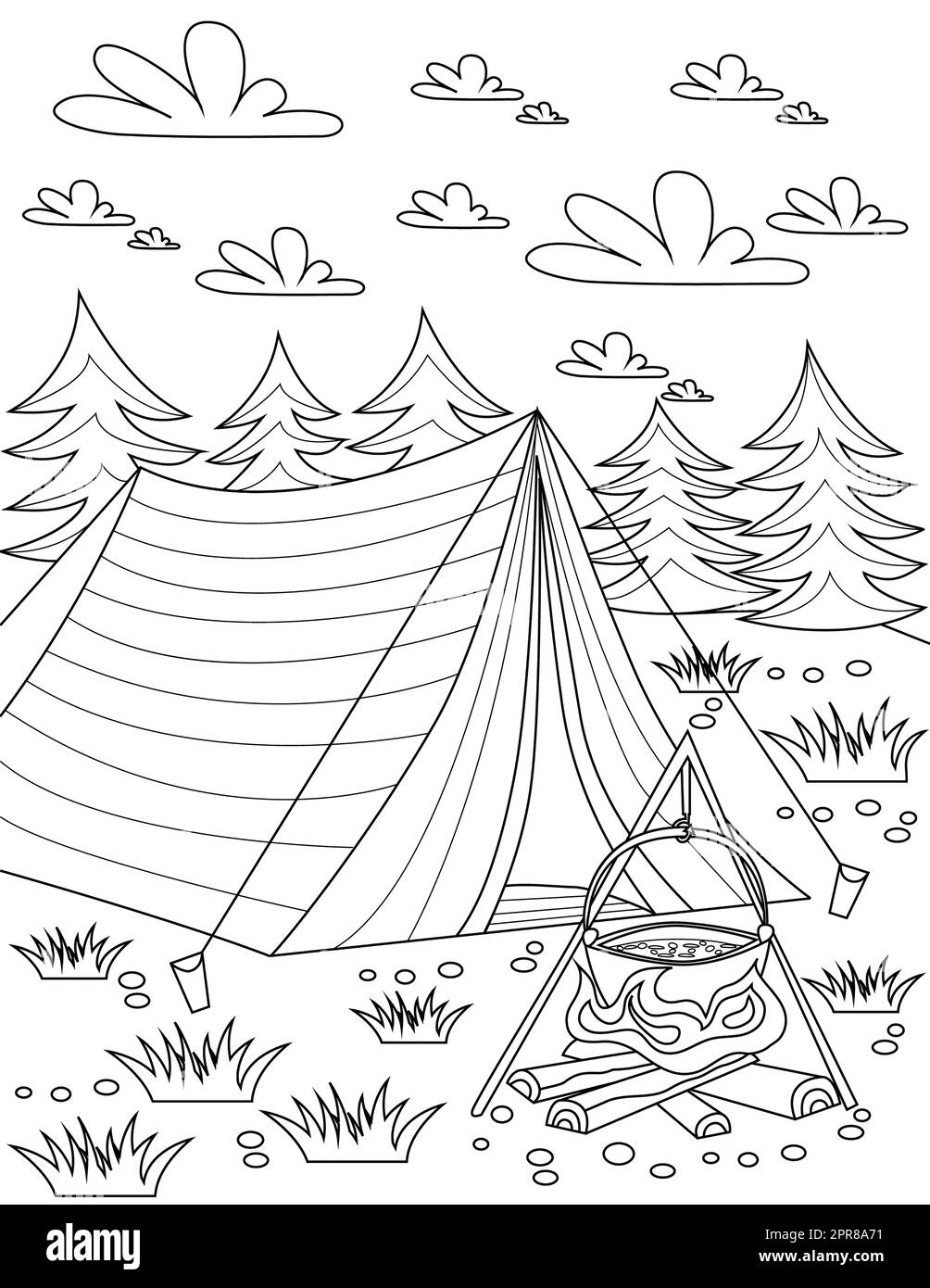 Coloring Page With Tent Placed In Nature With Opened Fire And Clouds In Sky Stock Photo