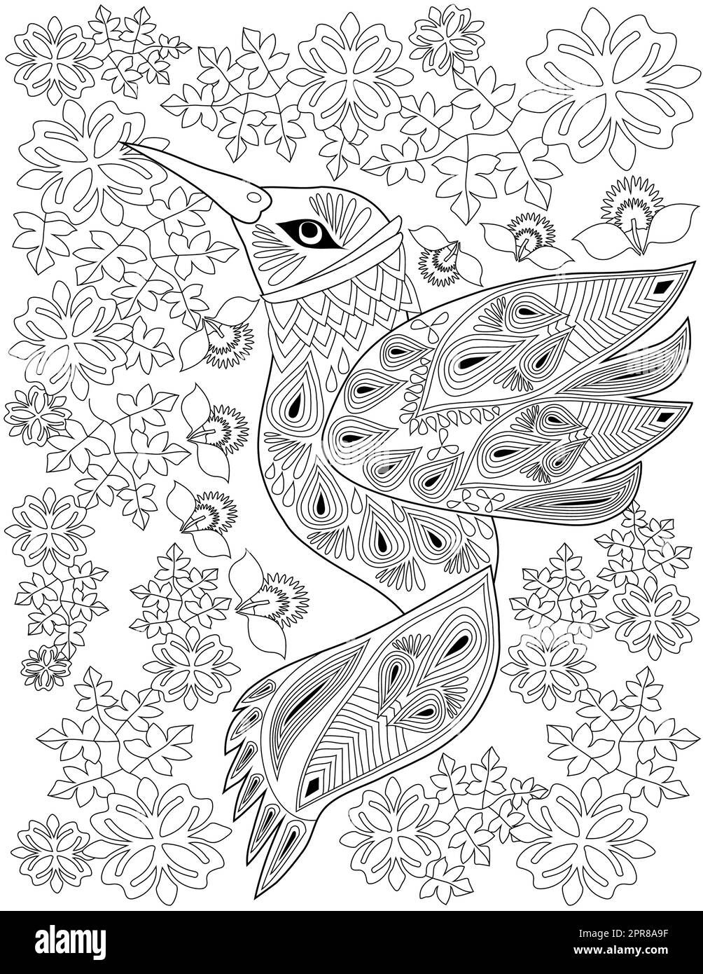 Coloring Book Page With Beautiful Bird With Different Flowers In Background Stock Photo