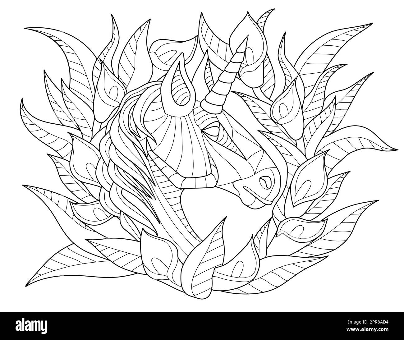 Unicorn Head Line Drawing Art Facing Front Surrounded With Wavy Lines