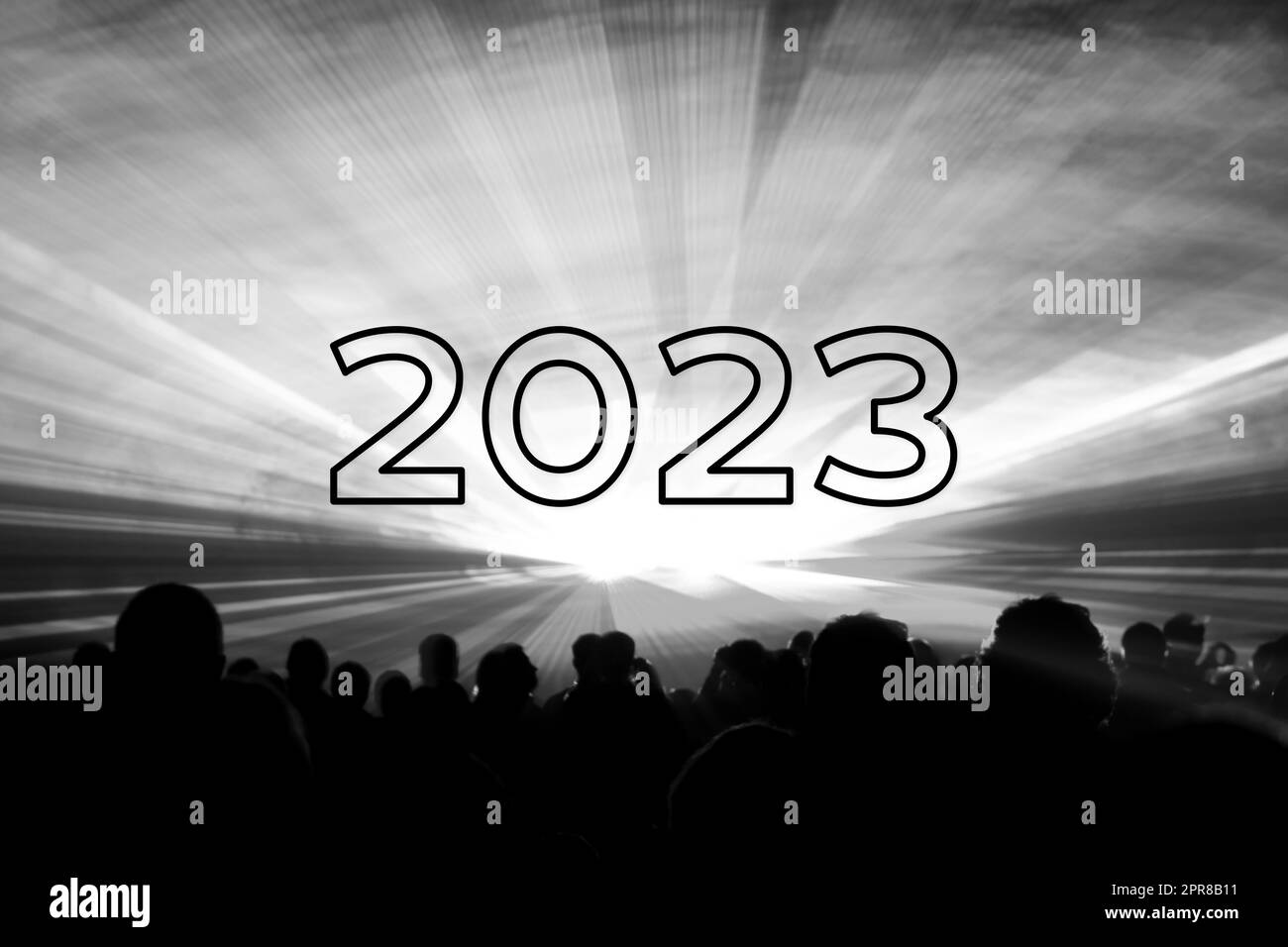 Happy new year 2023 black white laser show party people Stock Photo