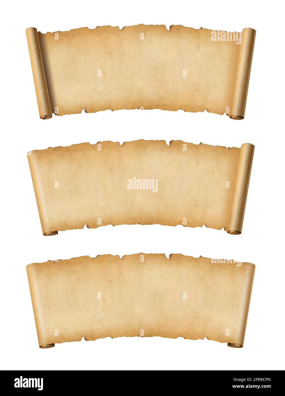 Old Parchment paper scroll set isolated on white. Horizontal banners Stock Photo