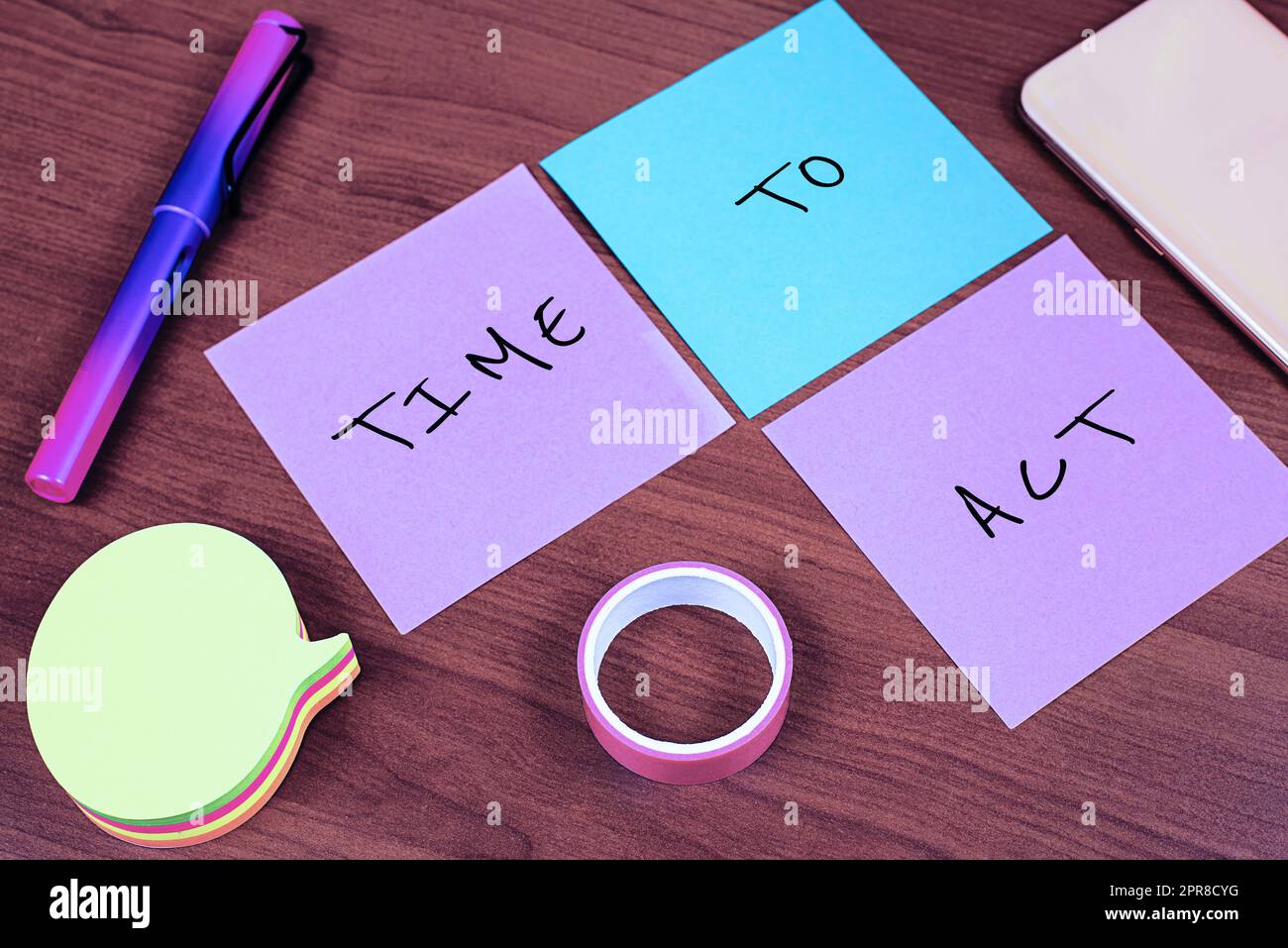 Conceptual display Time To Act. Word Written on Do it now Response Immediately Something need to be done Important News Written On Three Notes On Desk With Memos And Tape. Stock Photo