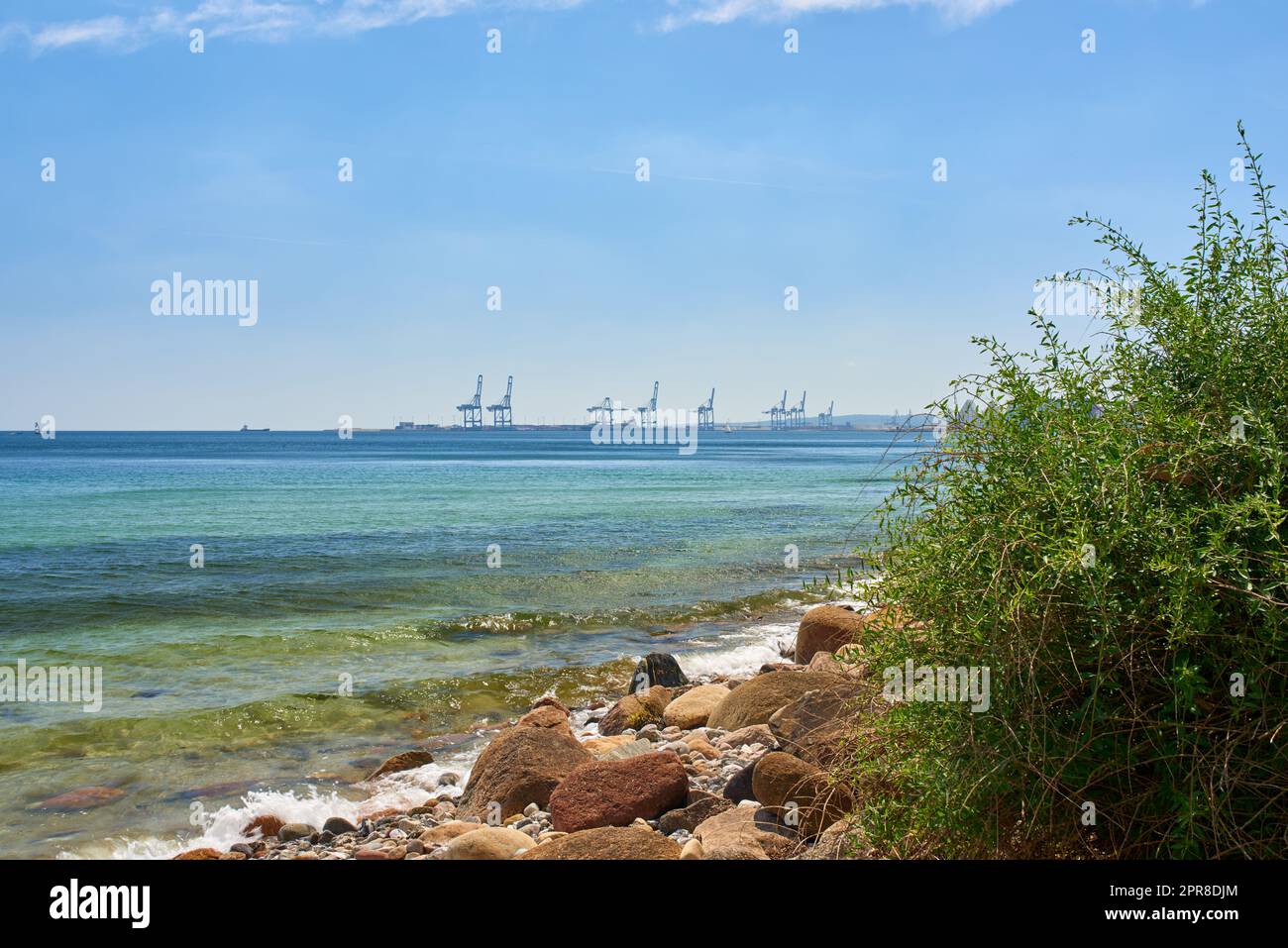 A shallow rocky coast on a calm quiet beach day during summer with grass growing on the shore. Scenic view of a crystal blue ocean with clear blue skies and white clouds during a warm summer day. Stock Photo