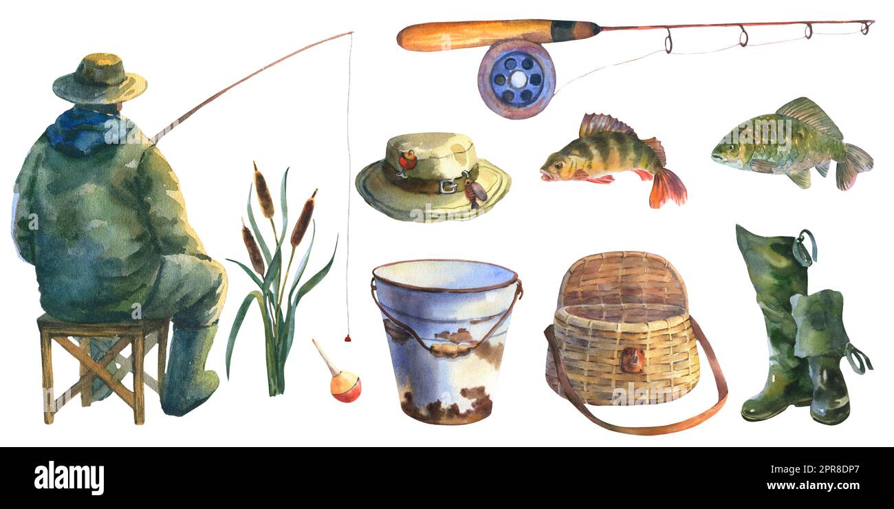 https://c8.alamy.com/comp/2PR8DP7/watercolor-illustration-set-of-the-fishing-perch-carp-paddle-fishing-bag-fishing-rod-hat-and-fisherman-is-fishing-with-a-bait-bucket-reed-2PR8DP7.jpg