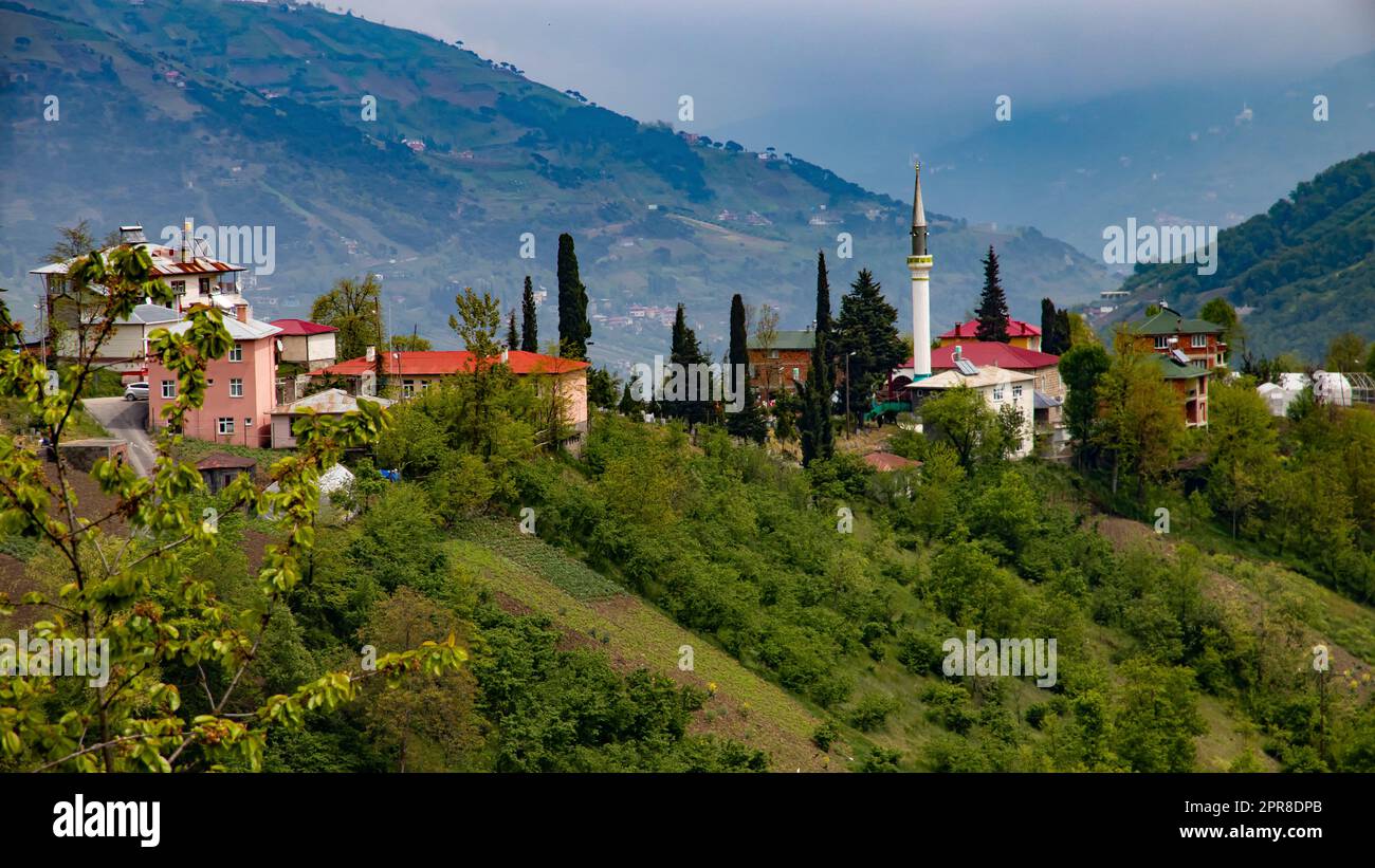 View of the historical village mosque and primary school in the center of the village from Haydali district. Stock Photo