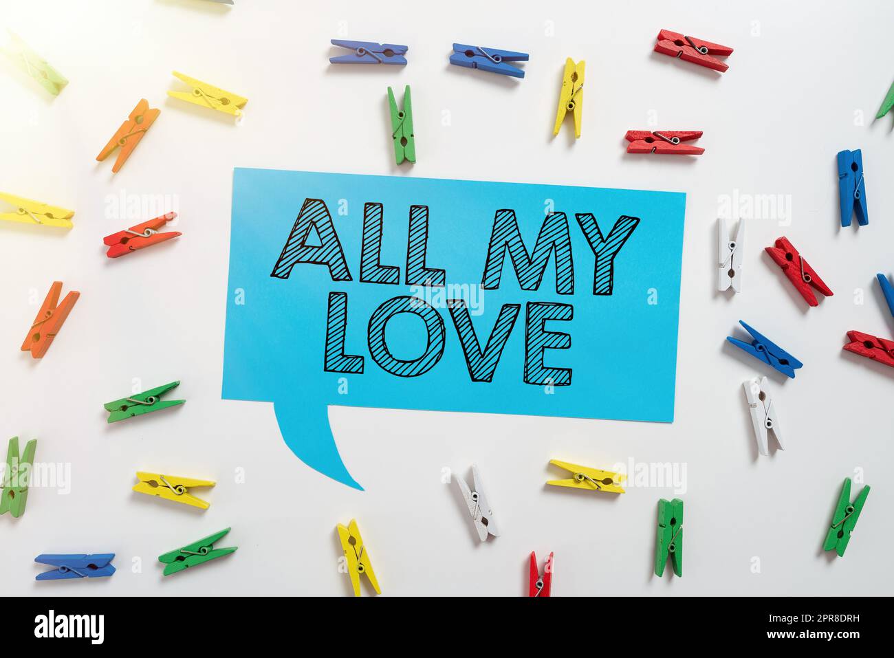 Inspiration showing sign All My Love. Business overview The whole affection and good feeling for you Romance happiness Colorful Pegs Placed Around Speech Bubble With Important Information. Stock Photo