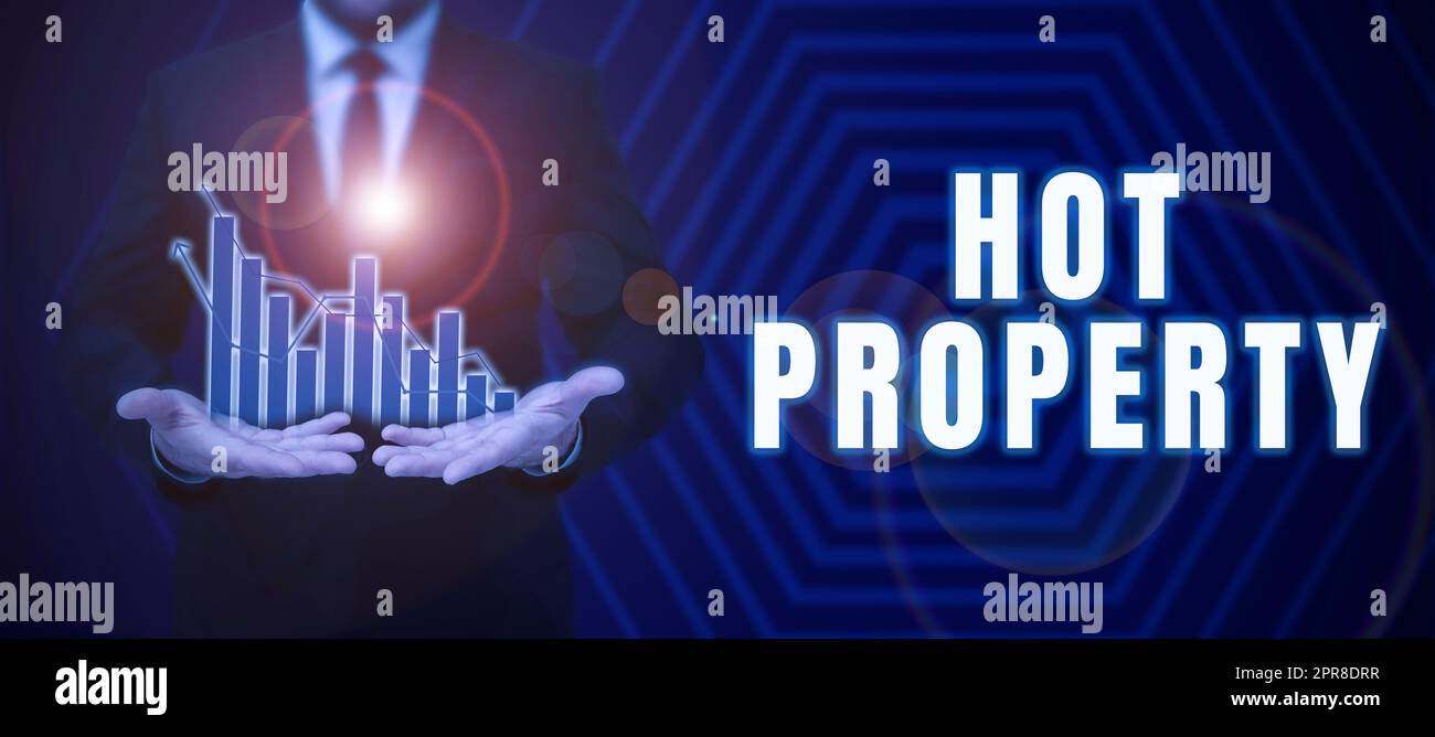Text caption presenting Hot Property. Business idea Something which is sought after or is Heavily Demanded Businessman in suit holding open palm symbolizing successful teamwork. Stock Photo