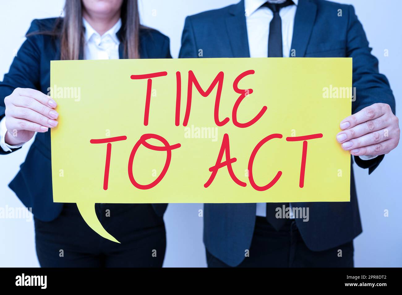 Writing displaying text Time To Act. Business overview Do it now Response Immediately Something need to be done Business Team Holding Important Information On Speech Bubble On Both Sides. Stock Photo