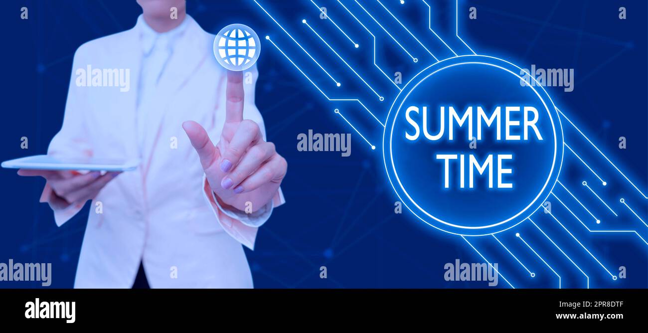 Text showing inspiration Summer Time. Word Written on Longer daylight Tropical season Beach activities Vacation Businessman in suit holding open palm symbolizing successful teamwork. Stock Photo
