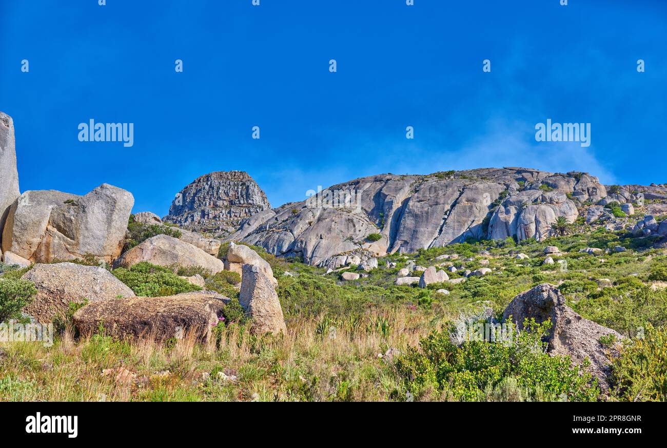 Copyspace landscape view of Table Mountain in Cape Town, South Africa from below. Scenic popular natural landmark and tourist attraction for hiking and adventure while on a getaway vacation in nature Stock Photo