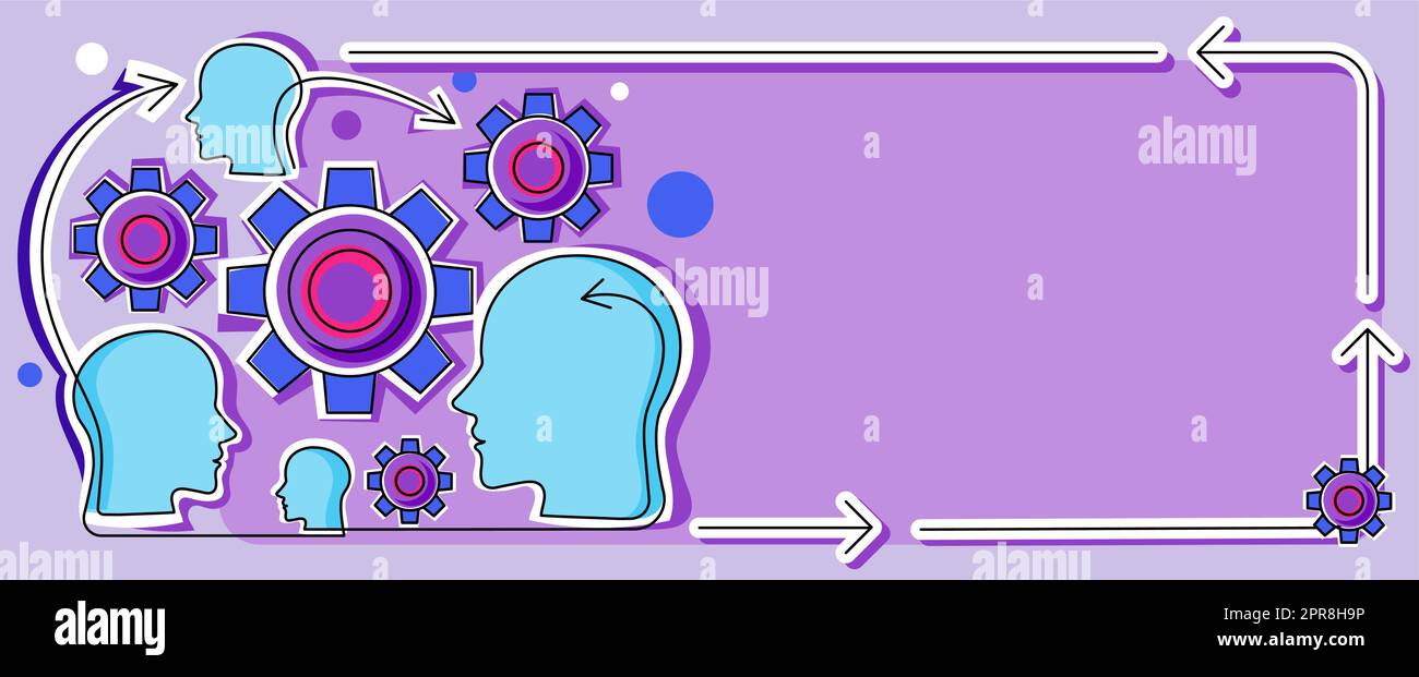 Multiple Heads With Cogs Showing Technology Ideas. Gears In Brain Symbols Design Displaying Mechanical And Technical Idea. Stock Vector