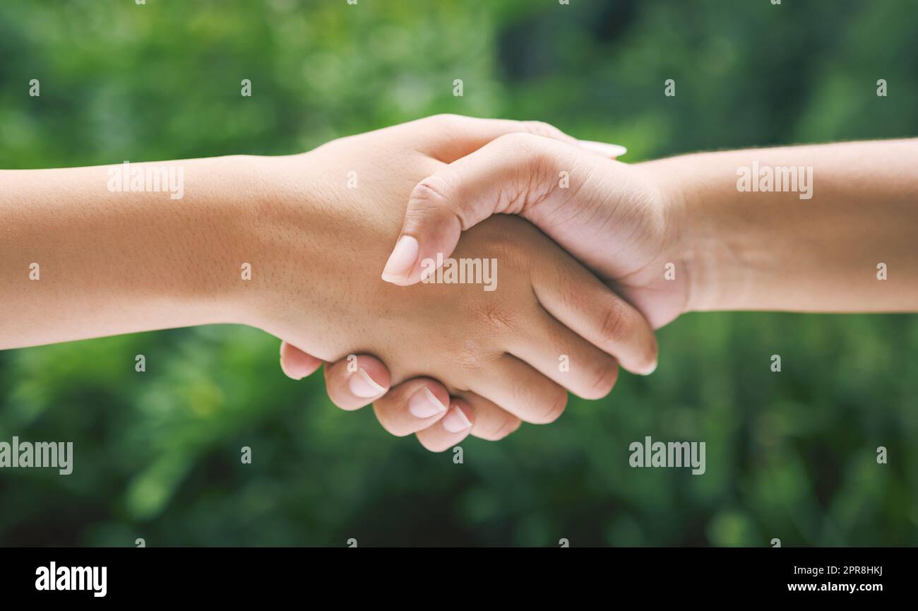 Closeup of a handshake in nature. Two diverse peoples hands greeting. Partners making an agreement about sustainability Stock Photo