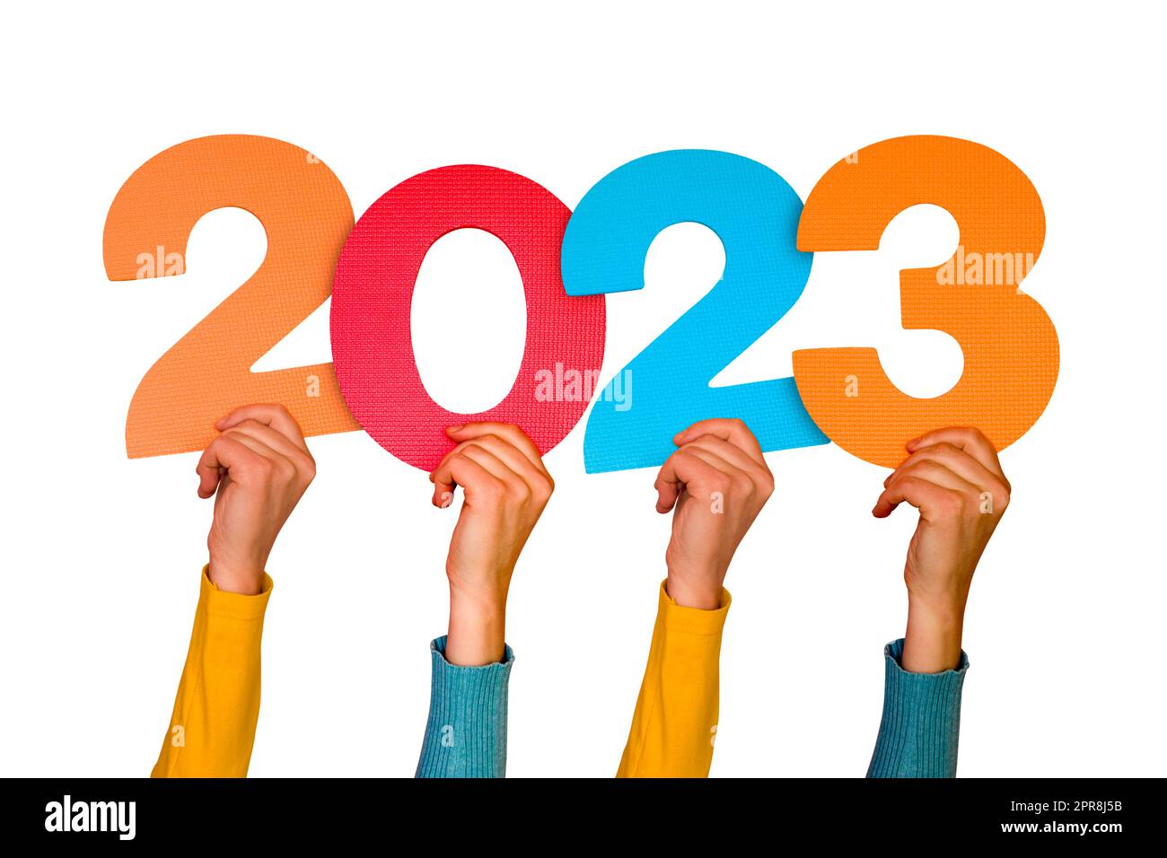 Hands with colorful numbers shows year 2023 Stock Photo
