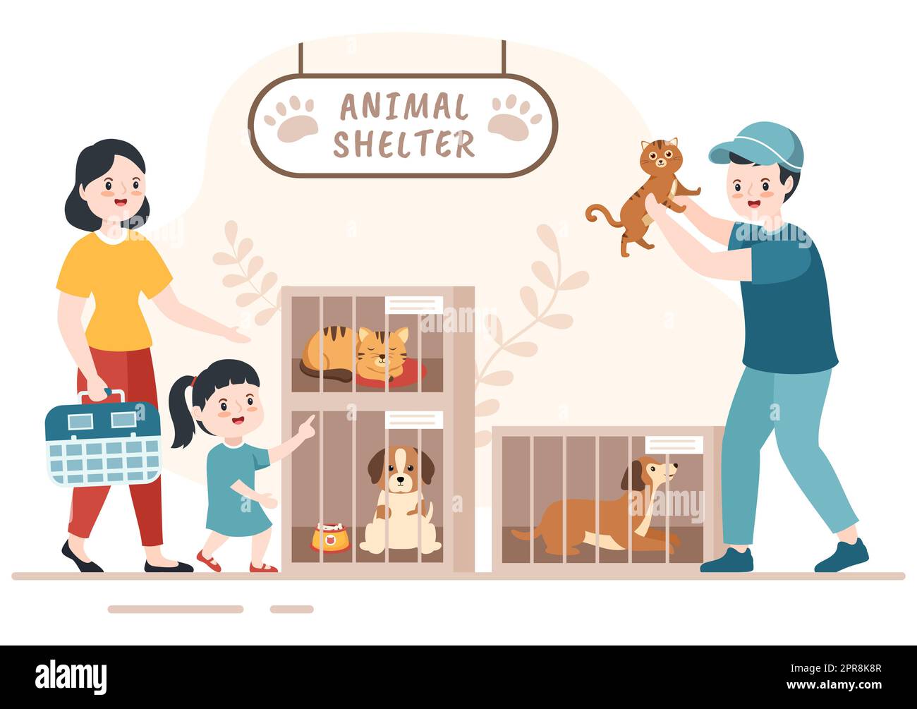 Animal Shelter Cartoon Illustration with Pets Sitting in Cages and Volunteers Feeding Animals for Adopting in Flat Hand Drawn Style Design Stock Photo
