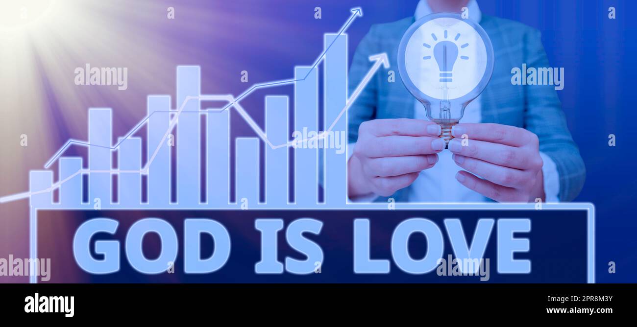 Hand writing sign God Is Love. Conceptual photo Believing in Jesus having faith religious thoughts Christianity Woman With Light Bulb Presenting Crucial Diagrams And Information. Stock Photo