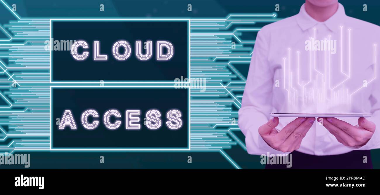 Text sign showing Cloud Access. Business concept Software tool between the organization and the provider Woman Holding Tablet Presenting Futuristic Lines And Modern Technology. Stock Photo