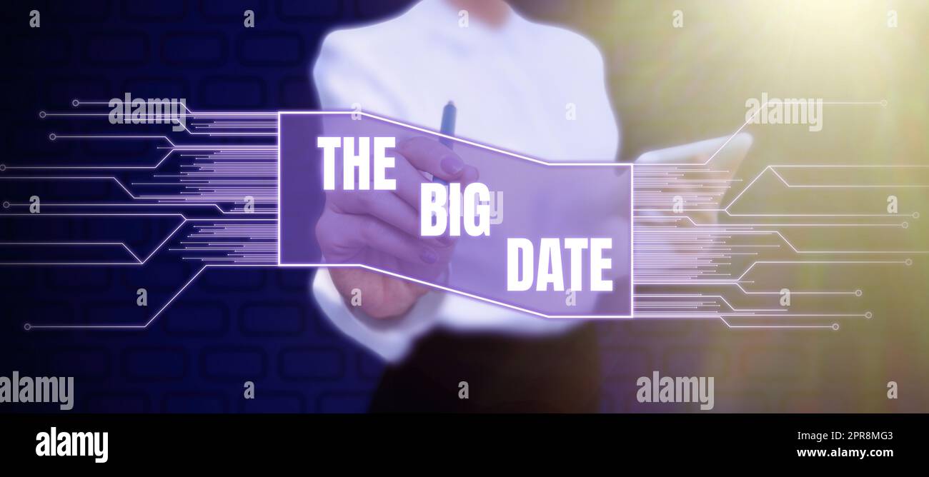 Text sign showing The Big Date. Business idea Important day for a couple relationship wedding anniversary Businessman in suit holding notepad symbolizing successful teamwork. Stock Photo