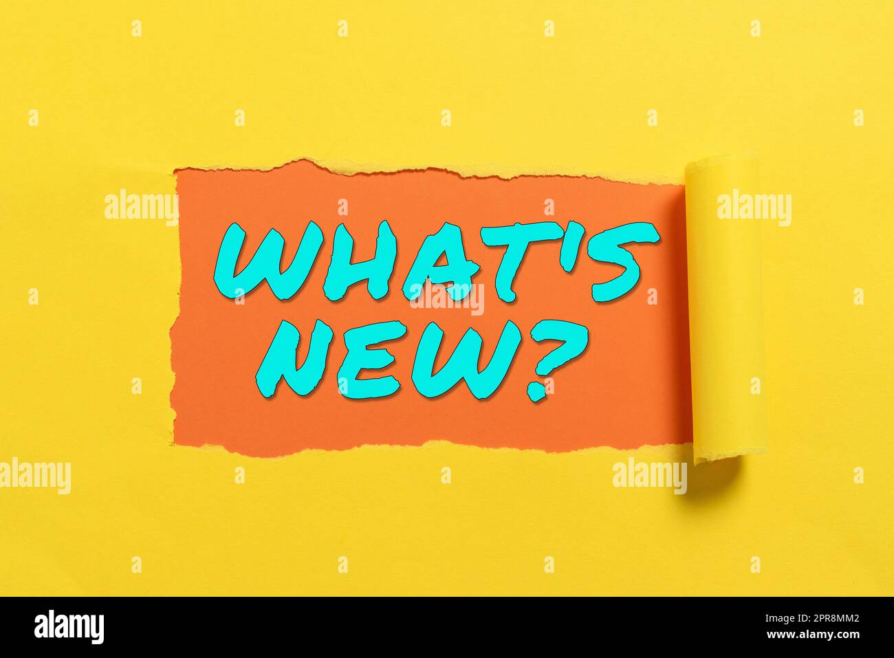 Text sign showing What S Is New Question. Business approach Asking about latest Updates Trends Happening News Important Information Written Underneath Ripped Piece Of Paper. Stock Photo