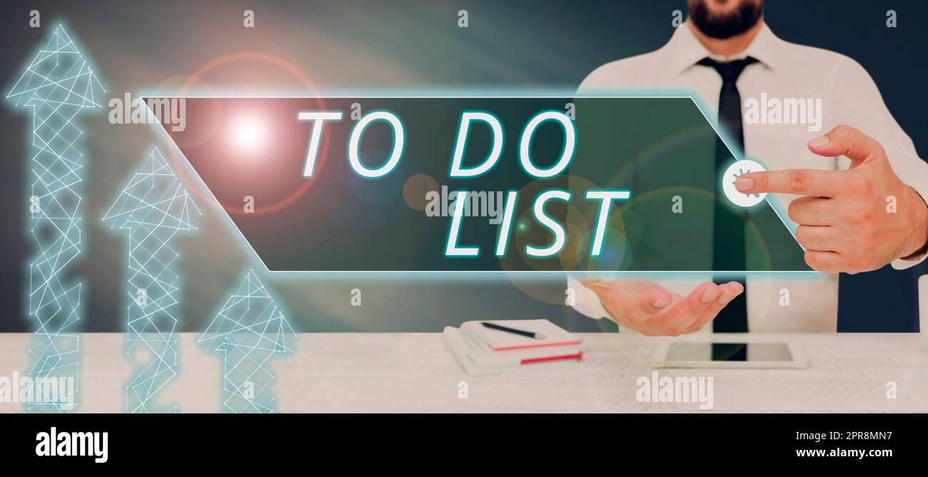 Conceptual display To Do List. Business idea A structure that usually made in paper containing task of yours Man With A Tablet Pressing On Digital Presenting Creative Ideas. Stock Photo