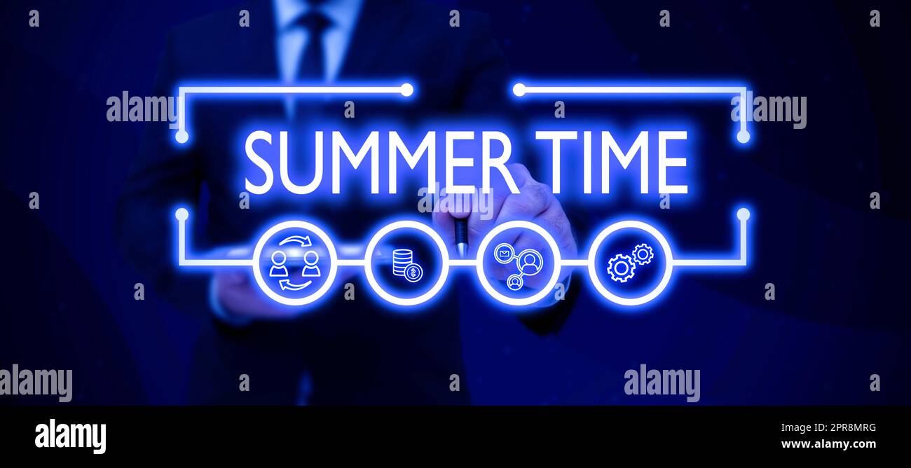 Hand writing sign Summer Time. Internet Concept Longer daylight Tropical season Beach activities Vacation Businessman in suit holding open palm symbolizing successful teamwork. Stock Photo