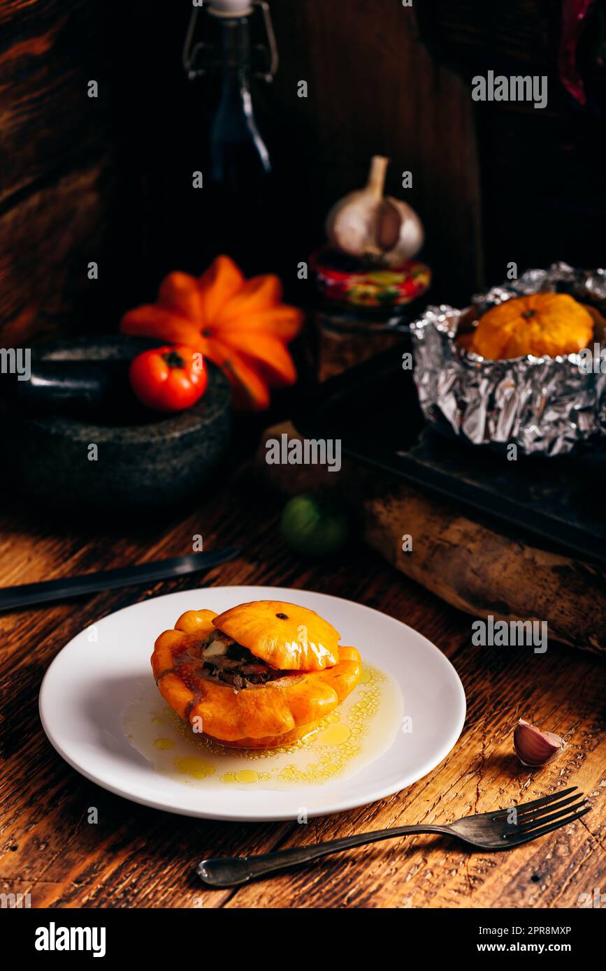 Stuffed yellow pattypan squash Stock Photo