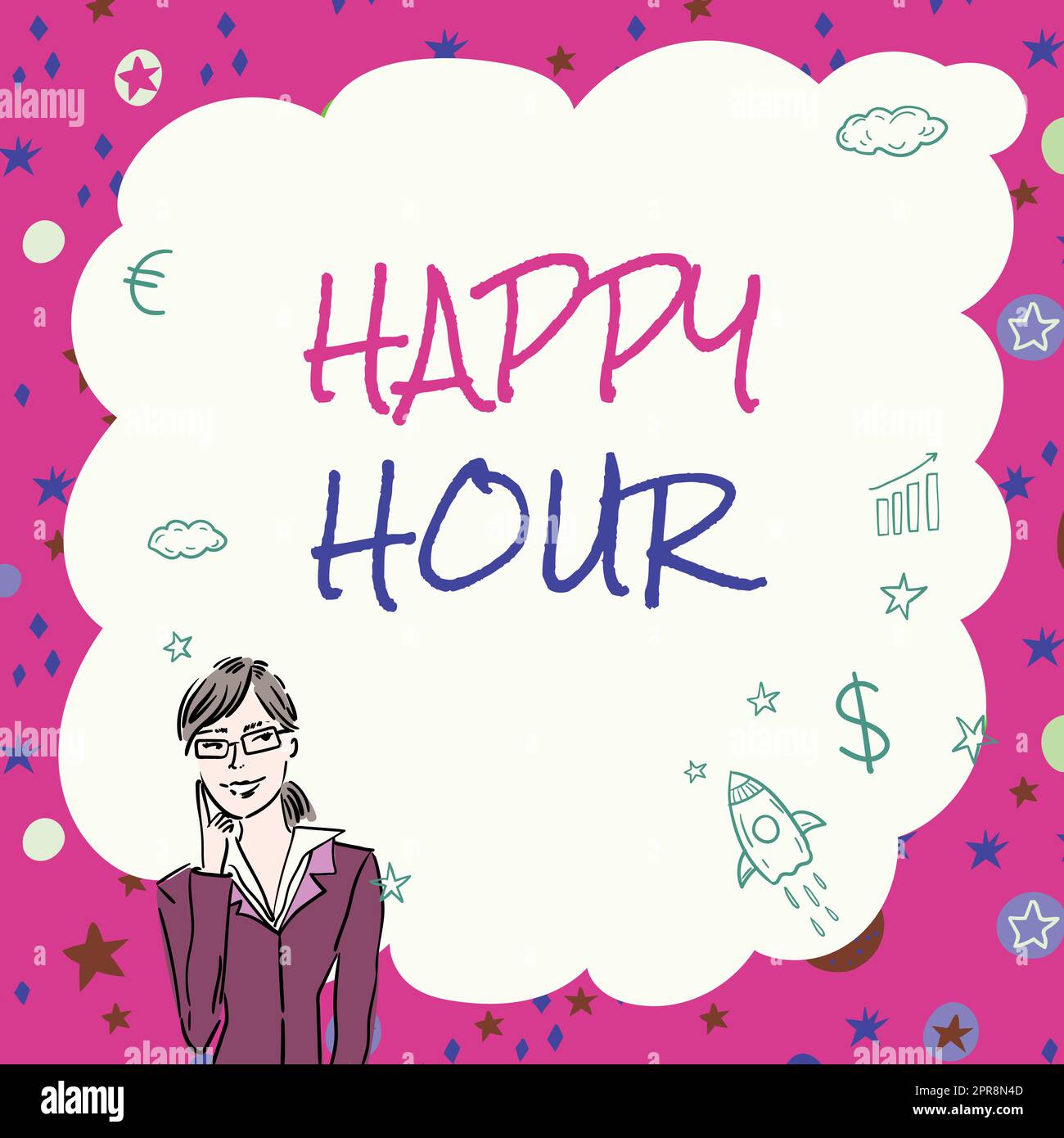 Conceptual display Happy Hour. Concept meaning Spending time for activities that makes you relax for a while Illustration Of Lady Thinking Deeply Alone For New Amazing Tactical Ideas. Stock Photo
