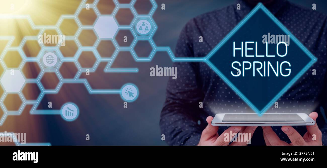 Text caption presenting Hello Spring. Business showcase Welcoming the ...