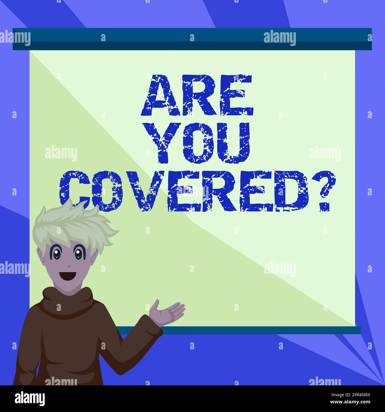 Text sign showing Are You Covered. Internet Concept Asking about how medications are covered by your plan Boy Presenting Important Informations On Presentation Board. Stock Photo