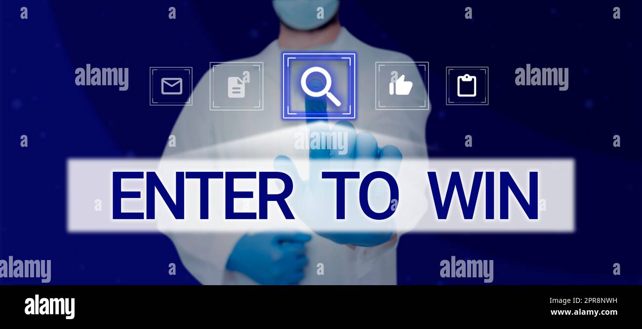 Conceptual caption Enter To Win. Internet Concept Sweepstakes Trying the luck to earn the big prize Lottery Doctor Touching New Search Computer Technology With Gloves On Hands. Stock Photo
