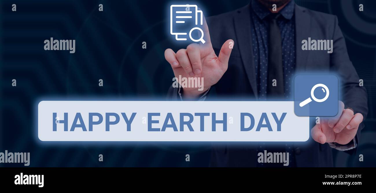 Handwriting text Happy Earth Day. Business concept Worldwide celebration of ecology environment preservation Businessman With Two Hands Searching For Important Data And New Ideas. Stock Photo